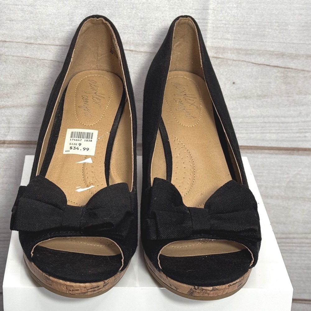 Dexflex Comfort Black Canvas Peep Toe Cork Wedge Bow Heels Womens 9